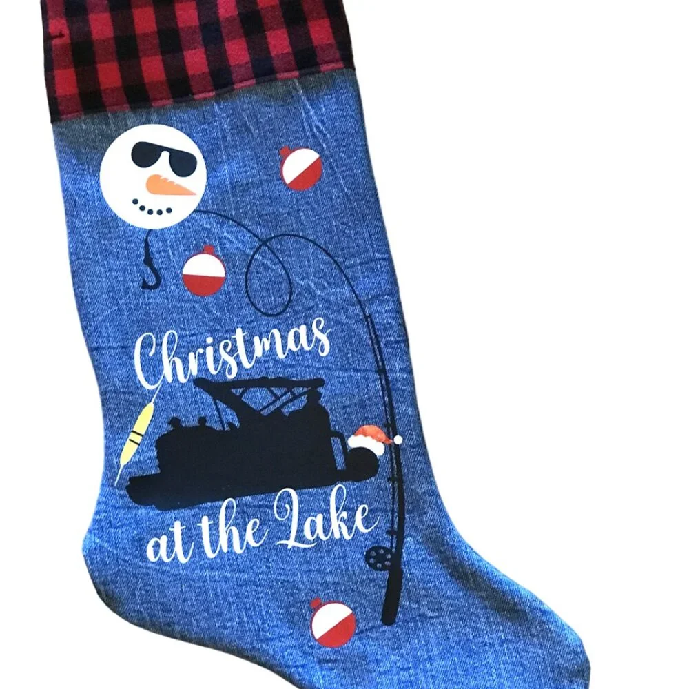 Denim Christmas Stocking, Lake House Fishing Decor Pontoon Boat Snowman